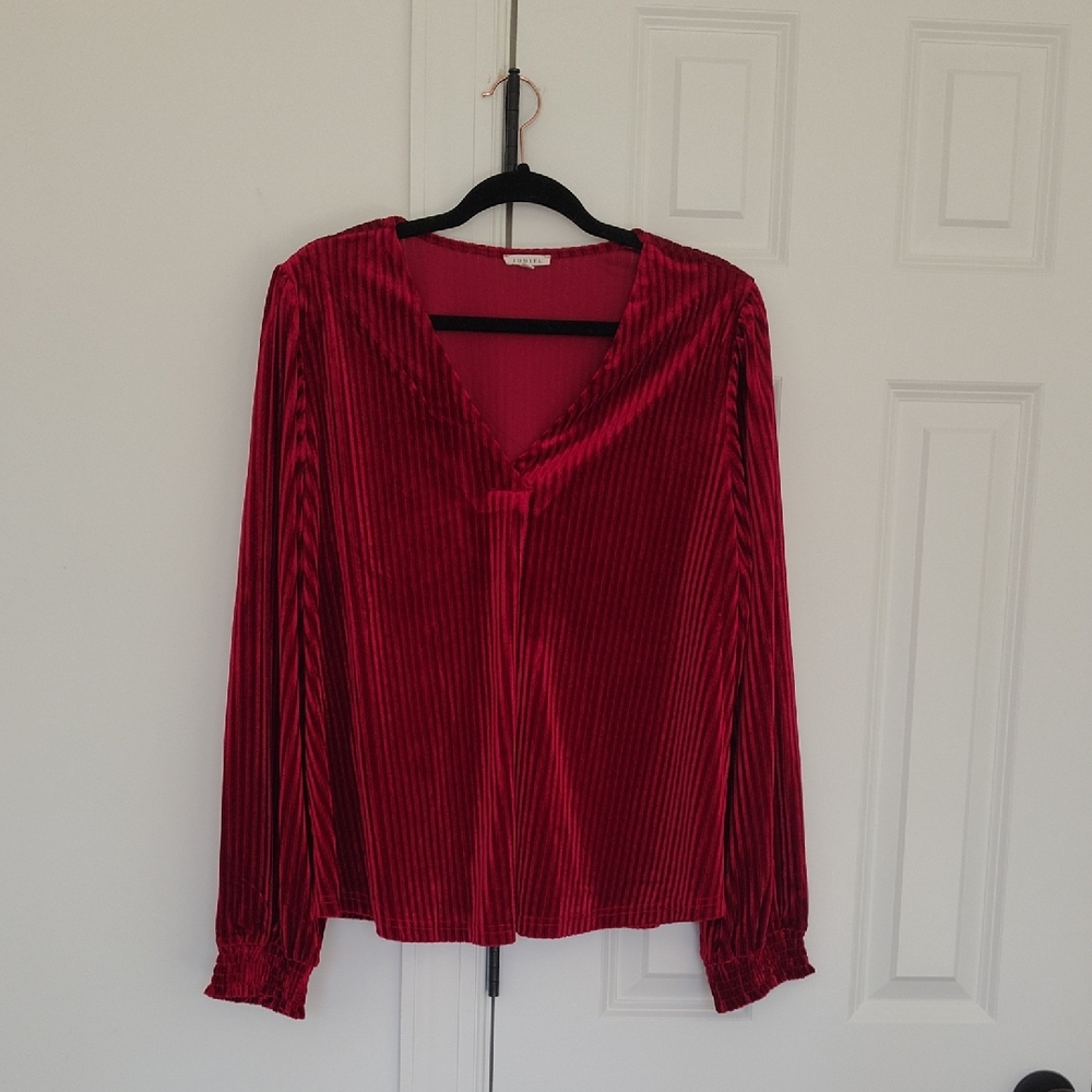 JODIFL Crush Red Velvet Long Sleeve V‎ Neck Ribbed Blouse Size XL